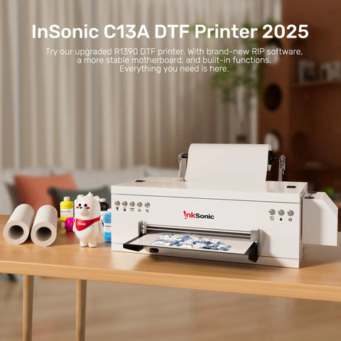 A3 DTF Printer R1390 Upgrade With Curing Oven And Laptop 13 Inch Print Width T Shirt Printer For White Ink Circulation And Auto Clean 2026 Starter Kit With 24 Seven Support For Fast Start And Smooth Operation on table with InkSonic branding