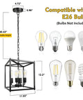 Four Light Black Farmhouse Chandelier With Iron Lantern Pendant Light Rustic Cage And Totally Adjustable Height Industrial E26 Base Hanging Fixture For Kitchen Island Dining Room Hallway Foyer Entryway with various bulb types.
