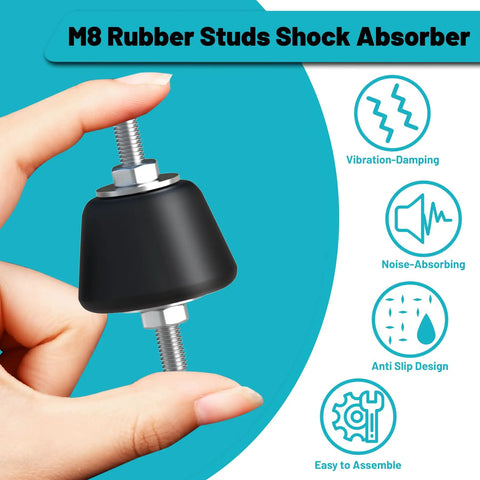 M8 Rubber Studs Shock Absorber for vibration damping, held between fingers, ideal for compressors and pumps in workshop.