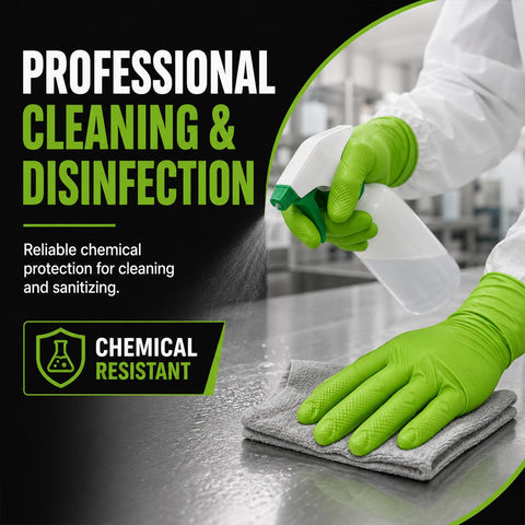 Tough As Nails 8 Mil Green Nitrile Disposable Industrial Work Gloves With Superior Grip Texture For Heavy Lifting And Daily Shop Grind Extra Large Size, used for cleaning with spray bottle.