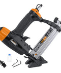 4-In-1 Pneumatic 18-Gauge Flooring Nailer, Brad Nailer, and Narrow Crown Stapler Do-It-All Pro-Grade Tool shown with accessories