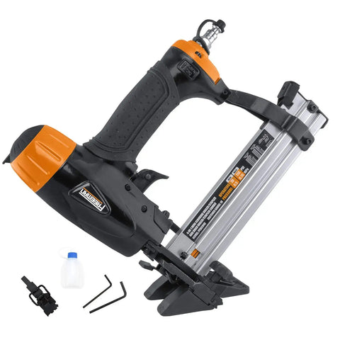 4-In-1 Pneumatic 18-Gauge Flooring Nailer, Brad Nailer, and Narrow Crown Stapler Do-It-All Pro-Grade Tool shown with accessories