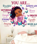 Dope Black Girl Religious Butterfly Wall Decal Sticker With Positive Saying You Are Beautiful For Nursery Decor And Afro Kids Room Vibe Inspirational Home Art Gift For Bedroom And Playroom on nursery wall with Afro girl design.