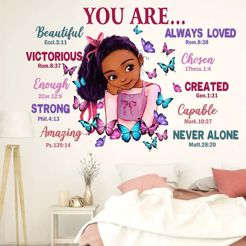 Dope Black Girl Religious Butterfly Wall Decal Sticker With Positive Saying You Are Beautiful For Nursery Decor And Afro Kids Room Vibe Inspirational Home Art Gift For Bedroom And Playroom on nursery wall with Afro girl design.