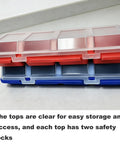 Two Pack Screw Organizer Storage Bins With Lids, Grab And Go Stackable Plastic Hardware Box, red and blue bins stacked