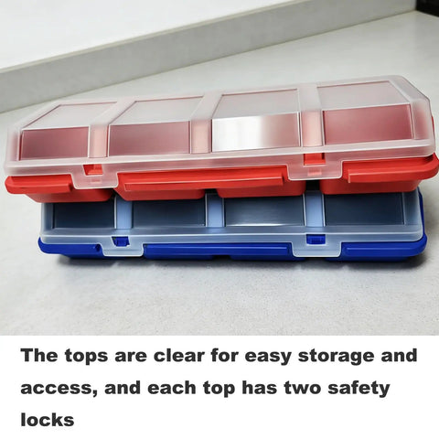 Two Pack Screw Organizer Storage Bins With Lids, Grab And Go Stackable Plastic Hardware Box, red and blue bins stacked