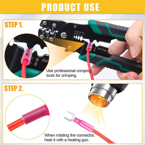Using 100 Pcs Heat Shrink Fork Spade Connectors Waterproof Quick Splice Crimp U Type Terminals kit with crimping and heat tools