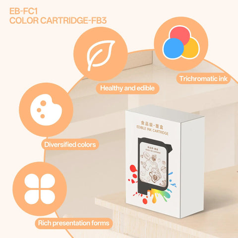 Dope Latte Art Coffee Printer With Camera EB FC1 cartridge box with colorful design icons and edible ink features on packaging.