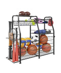 Small Garage Organizer For Sports Gear And Toys Space Saving Ball And Equipment Storage Rack with black finish indoors