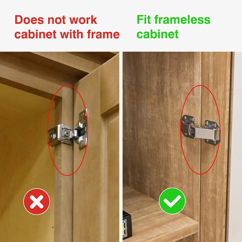 Comparison of traditional hinge on framed cabinet vs frameless cabinet with Frameless Cabinet Hidden Hinges 90 Degree No Fuss Quick Install 8 Pack