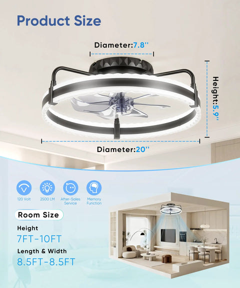Sleek 20 Inch Low Profile Ceiling Fan With Dimmable Led Lights, Smart App And Remote, Adjustable Color Temp, Super Smooth Airflow, Total Vibe Upgrade For Cozy Bedrooms And Small Rooms, product dimensions illustration.