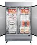 Top Shelf Heavy Hitter 49 Cu Ft Commercial Freezer And Fridge, stainless steel upright cooler with food storage containers inside.