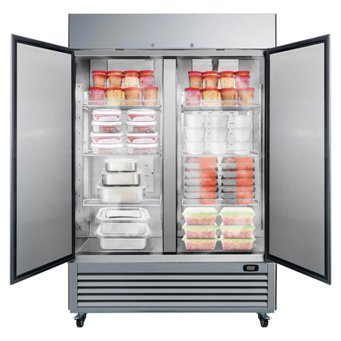 Top Shelf Heavy Hitter 49 Cu Ft Commercial Freezer And Fridge, stainless steel upright cooler with food storage containers inside.