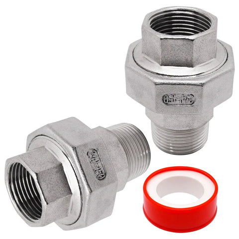 Two Piece Three Quarter Inch NPT Male To Three Quarter Inch NPT Female Union Cast Pipe Fittings in Premium 304 Stainless Steel with Tape