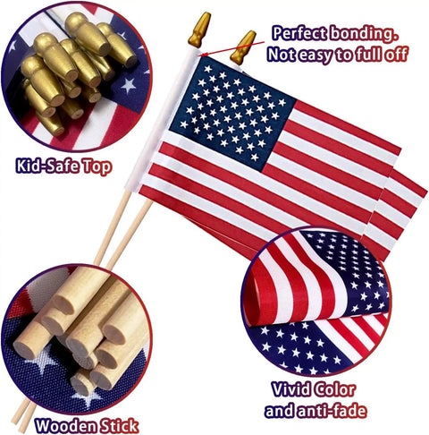 12 Pack 8x12 Inch American Flags On Sticks With Wooden Poles And Golden Spear Tops For Outdoor Use Memorial Day Fourth Of July Decor Perfect For Parades And Flag Waving