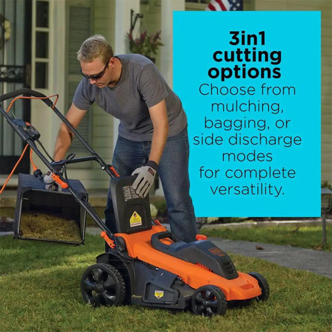 Man using 20 Inch Corded Electric Lawn Mower With 13 Amp Motor Ultra Light No Sweat Push Design 3 In 1 Mowing Versatility