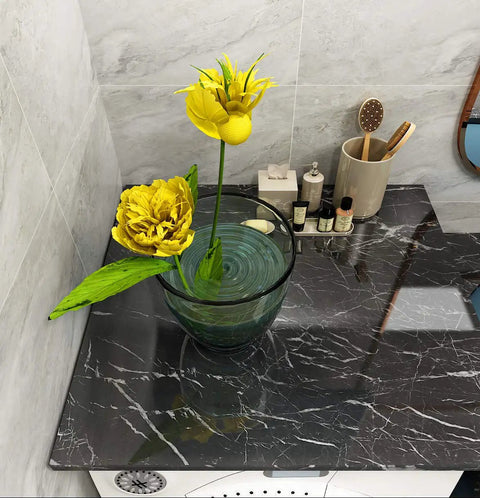 Black Marble Peel And Stick Countertop Paper 36x160 Inches Self Adhesive Vinyl Film for kitchen, vase with yellow flowers on top