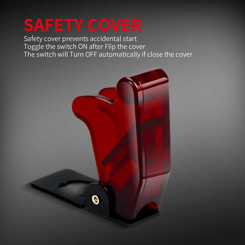 Red 12V LED Lighted Toggle Switch With Aircraft Guard Safety Flip Cover 20A Heavy Duty SPST On Off Rocker close-up view