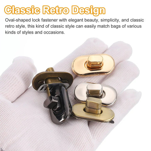 15 Piece Light Gold Turn Lock Clasps Heavy Duty Alloy Twist Fasteners with various finishes displayed on a hand.