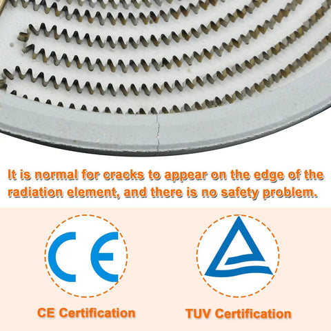 Close-up of Upgraded 9 Inch Dual Radiant Surface Element Replacement for Electric Stoves, showing certifications