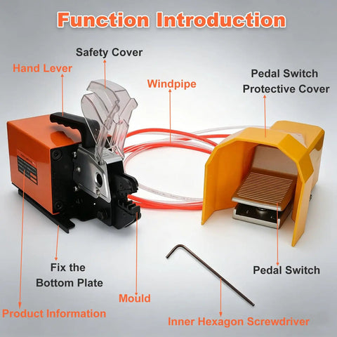 Heavy Duty Pneumatic Crimping Tool For Electrical Wire Terminal Dies Up To 16mm2 Air Powered Crimper Plier with key parts labeled.