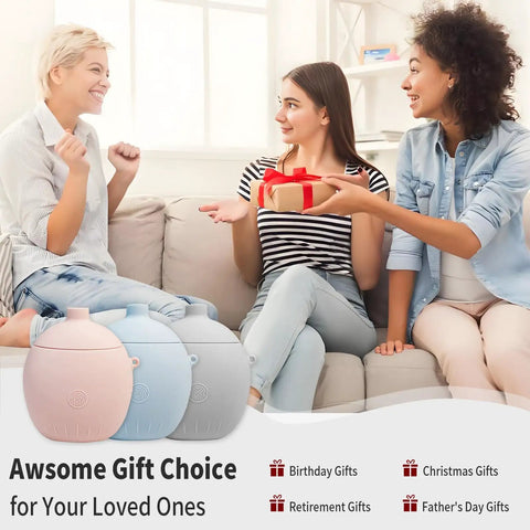 Three women happily exchanging gifts on a sofa with gift boxes and presents in the foreground, promoting gift choices for special occasions.