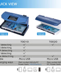 Counterfeit Bill Detector With LED UV Light 365nm Ultra Bright Go To Money Verification Tool For Bills Long Life LED No Tube Replacement Fake Money Detector Machine Blue showing models T0010 and T0020 with power options.