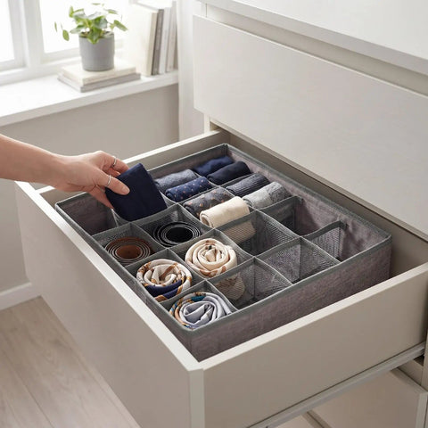 Foldable Oxford Fabric Closet Organizers For Socks And Underwear With Multi Compartments neat drawer with rolled socks and ties.