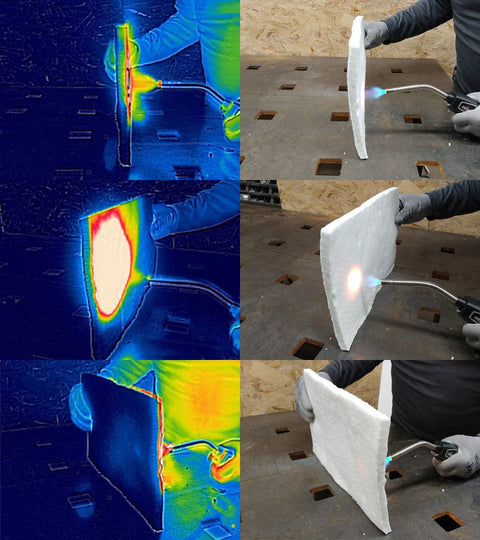 Ceramic fiber insulation blanket shown in white; 1/4 in thick, 16 in x 240 in, rated to 2400°F.