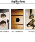 Forstner drill bit 90mm for wood; holes shown in MDF board, cabinet drawer, and door hinge (1 pcs)