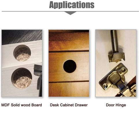 Forstner drill bit 90mm for wood; holes shown in MDF board, cabinet drawer, and door hinge (1 pcs)