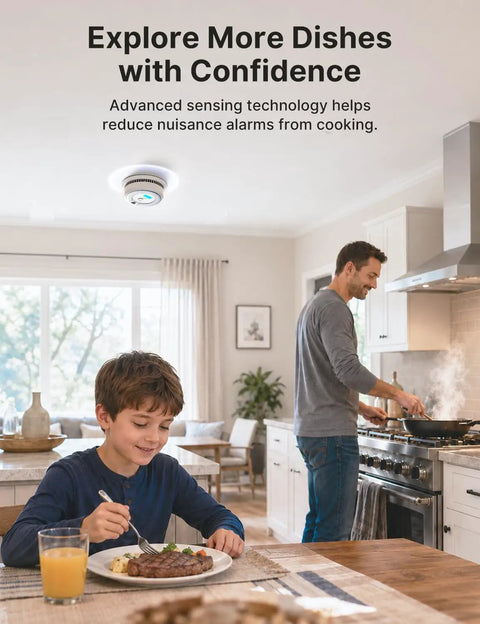 Interconnected Smoke And CO Alarm 6 Pack With Wireless Interconnection No WiFi 10 Year Sealed Lithium Battery Maintenance Free No Drama Battery Changes Easy Setup Loud Siren Low Battery Chirp Free Home Safety on kitchen ceiling