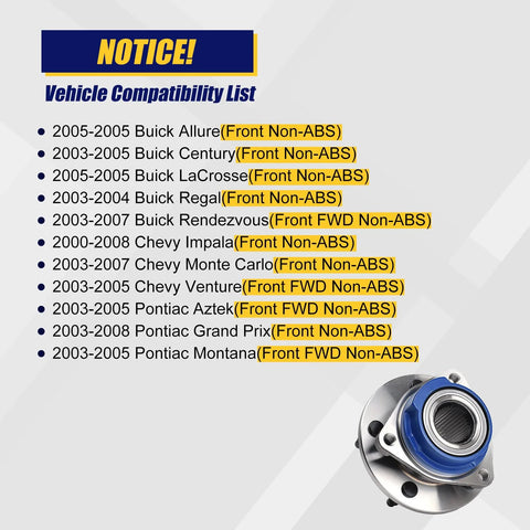 Front Wheel Bearing And Hub Assembly Direct Fit 5 Lug Bolts No ABS 513203 Fits Buick Allure Century LaCrosse Regal Rendezvous Impala