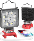 Led Work Light For 18V Lithium Battery Tools 54W 5400Lm Cordless Flood Light with USB-C port, shown with red casing and devices