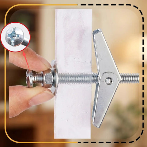 Close-up of Heavy Duty Carbon Steel Toggle Bolts Wall Anchors Kit With Anti Spin Design for Drywall installation shown in hand