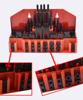 58 Piece T Slot Clamping Kit Set For Fixtures And Milling Pro Grade Step Hold Down Clamps organized in red rack
