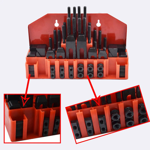 58 Piece T Slot Clamping Kit Set For Fixtures And Milling Pro Grade Step Hold Down Clamps organized in red rack