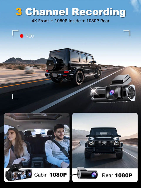 Image of a vehicle showcasing a 4K Front Dash Cam With Inside Cabin And Rear View For Your Ride, Front 4K Footage And 1080P Interior And 1080P Rear.
