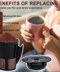 Reusable K Cup Coffee Filter Pod For Keurig 2.0 Brewers K200 Through K575 Pack Of 2 with coffee grounds and cup of coffee