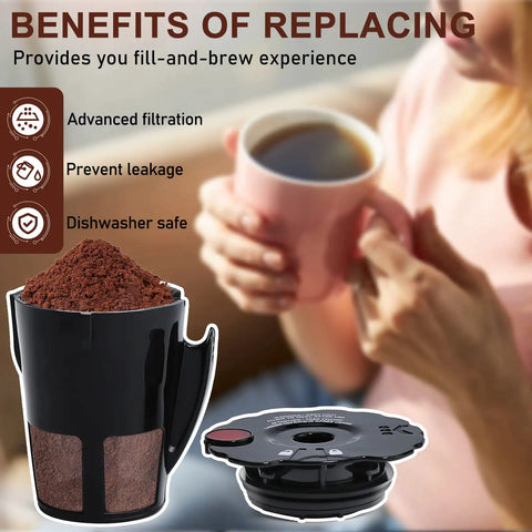 Reusable K Cup Coffee Filter Pod For Keurig 2.0 Brewers K200 Through K575 Pack Of 2 with coffee grounds and cup of coffee