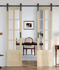 Preassembled 42x84 Double 21x84 Clear Glass French Interior Door with 7Ft Barn Door Hardware Kit installed in a living room.