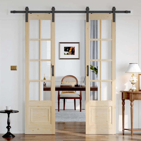 Preassembled 42x84 Double 21x84 Clear Glass French Interior Door with 7Ft Barn Door Hardware Kit installed in a living room.