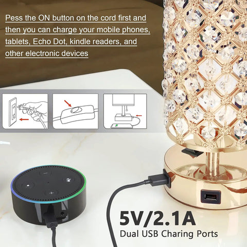 Gold Crystal Bedside Lamps Set Of 2 With Dual USB Charging Ports featuring 130 K9 crystals shown on a table with connected device.