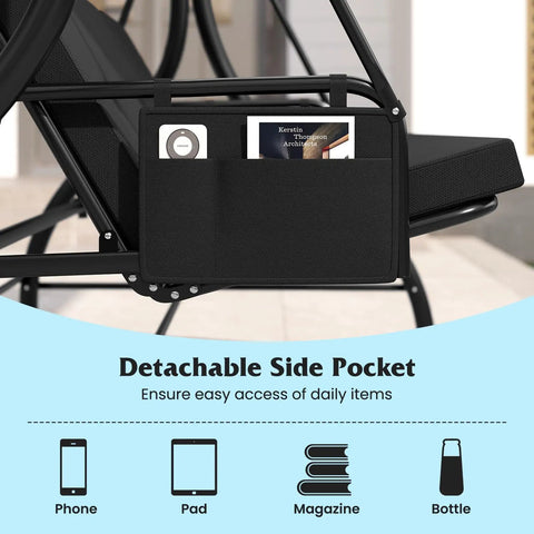 Close-up of side pocket on Three Person Outdoor Porch Swing With 2 In 1 Convertible Design From Chair To Lounger, holding items.