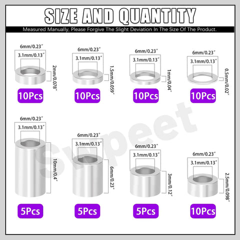 65Pcs M3 Aluminum Spacer Kit With 3.1Mm ID And 6Mm OD Eight Lengths From 0.5 To 10Mm Unthreaded Round Standoffs Silver Finish