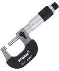 Front view: Storm micrometer, 0–1 in range, 0.0001 in Vernier scale, metal body with black grip.