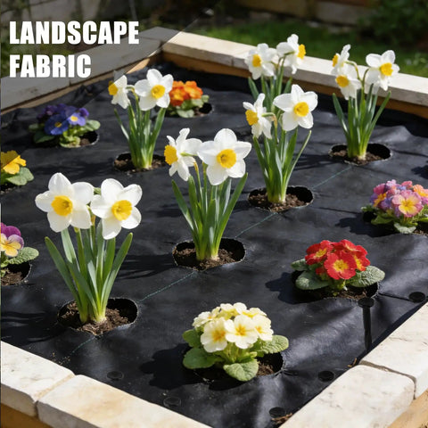 Garden bed with landscape fabric and colorful flowers showing secured setup using Heavy Duty 8 Inch Plastic Landscape Edging Spikes.