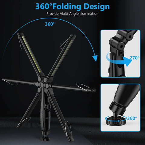 Dual COB And Flashlight LED Work Light 800 Lumen Front, 150 Lumen Top, foldable design showcasing 360-degree swivel and magnetic base