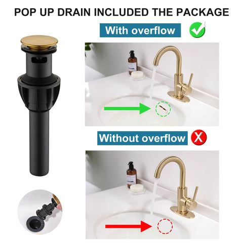 Brushed Gold Single Hole Bathroom Faucet With Pop Up Drain And Deck Plate Modern One Handle Lavatory Sink Tap For Vanity Easy Temperature Control Gold Bar Style with overflow feature.