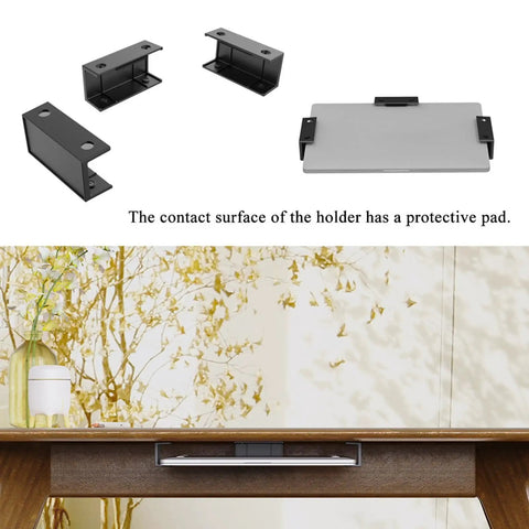 Heavy Duty Under Desk Laptop Mount Holder Screw Clamp Design Zeroes Desk Clutter Quick Install with protective pad on surface.